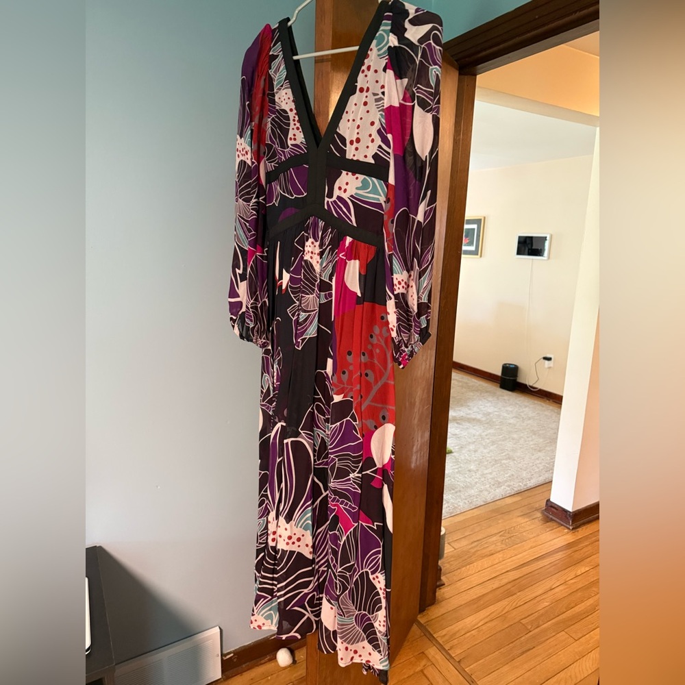 Anthropologie Pink and Purple Wrap Sundress with Bishop Sleeves